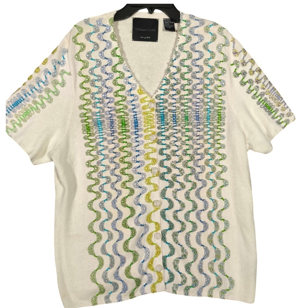 Michael Simon Beaded Cardigan Sweater XL Cream Short Sleeve‎ Embroidered V-Neck